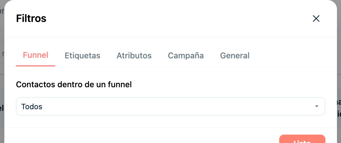 Menú de filtros para segmentar tu base (funnel, etiquetas, atributos, campaña).