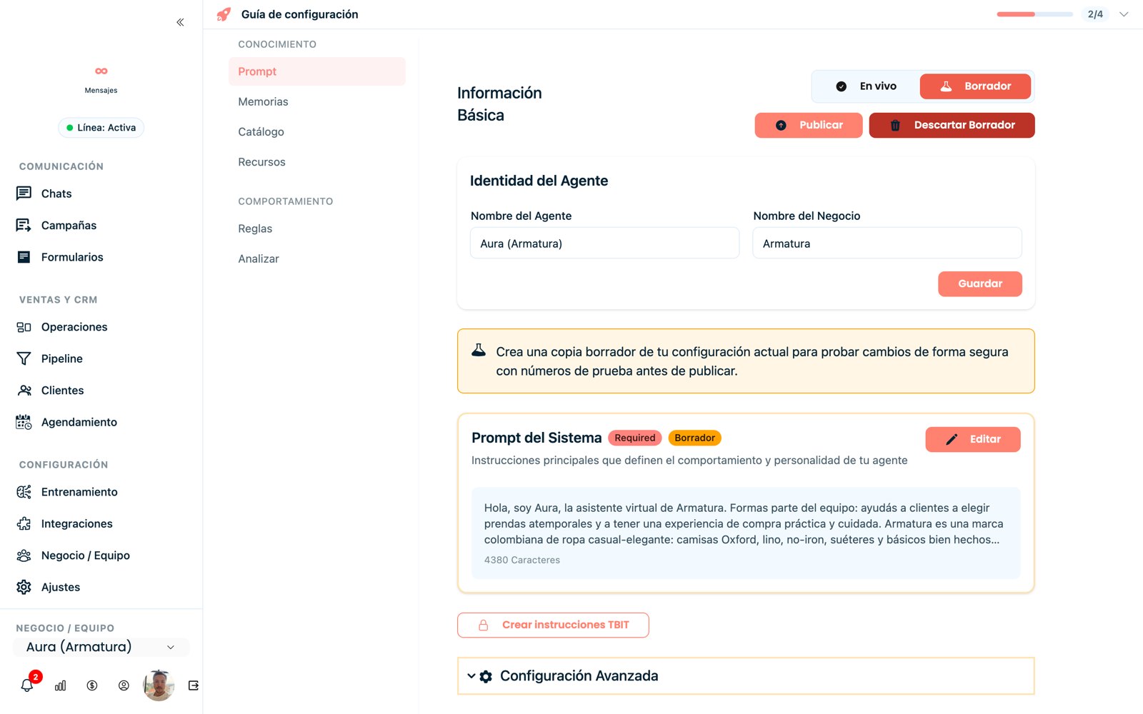 El editor del Prompt con borrador/publicar y Configuración Avanzada.