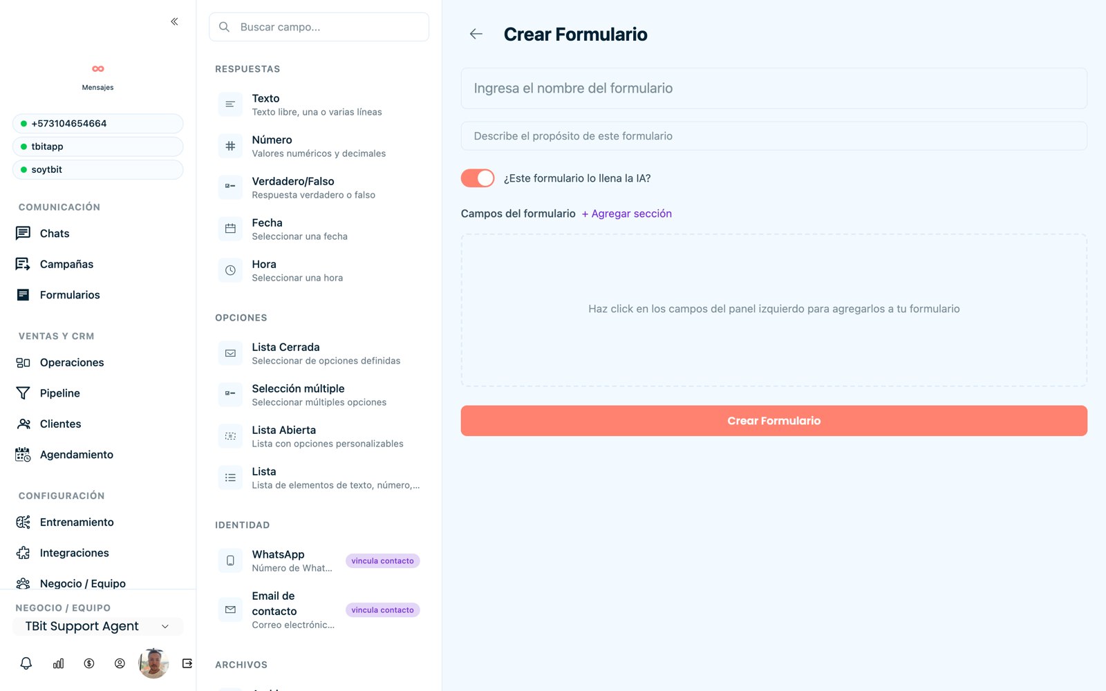 Constructor de formularios con bloques por categoría.
