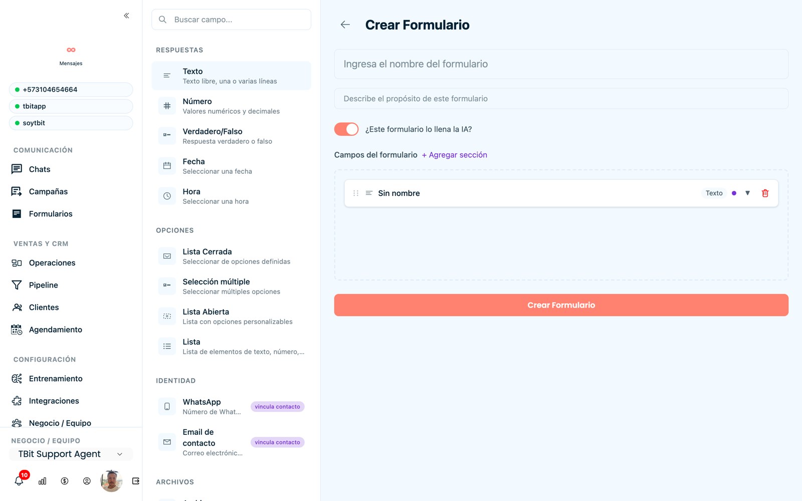 Constructor de formularios: agrega y configura cada campo.