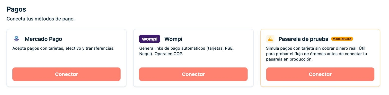 Pagos: Mercado Pago, Wompi y una pasarela de prueba para simular cobros.