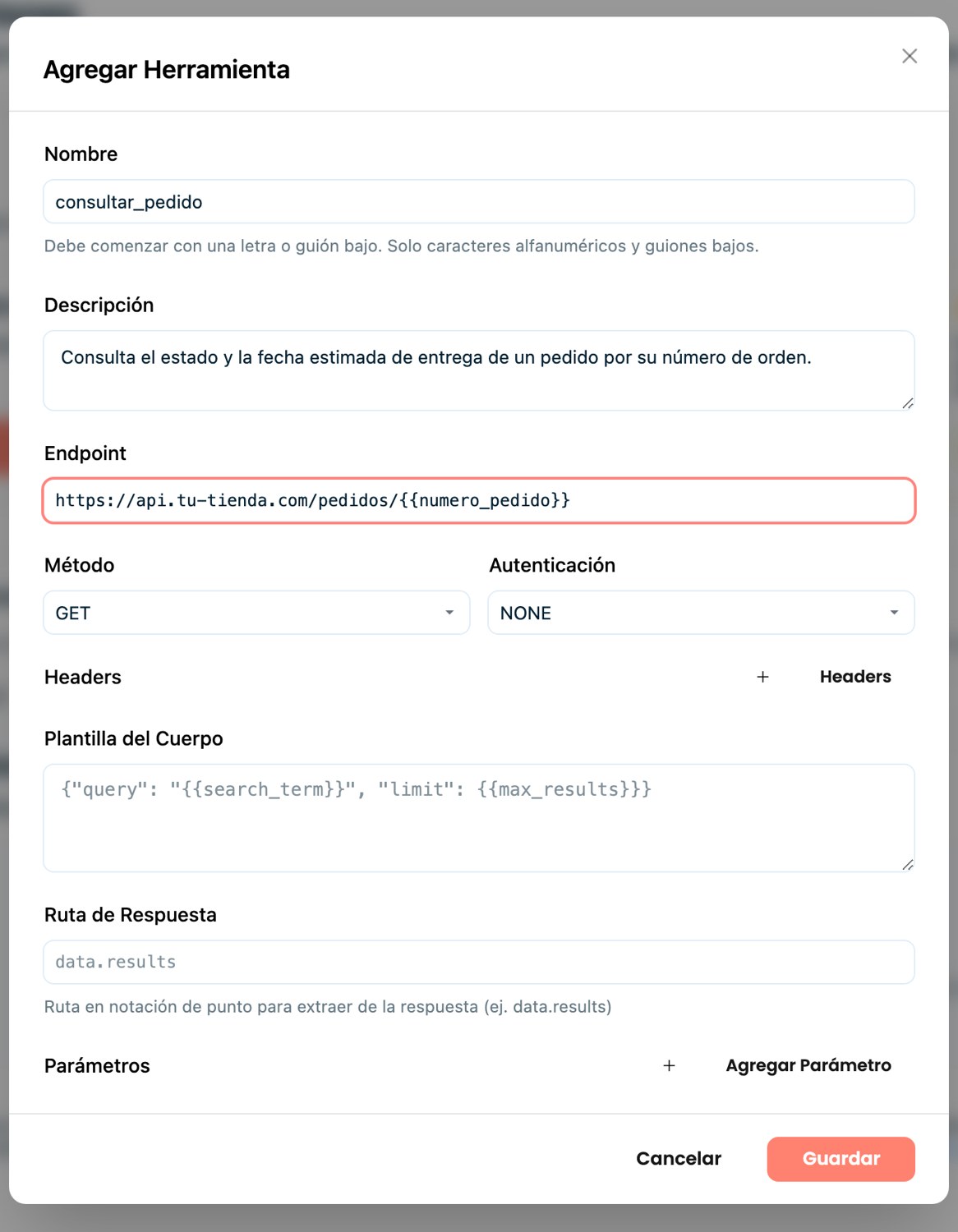 Herramientas por API: registra endpoints GET/POST con sus parámetros para extender a tu agente.
