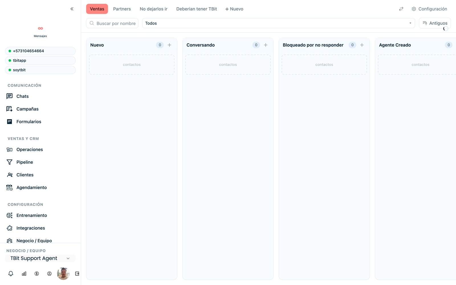 Tablero visual del pipeline por etapas.