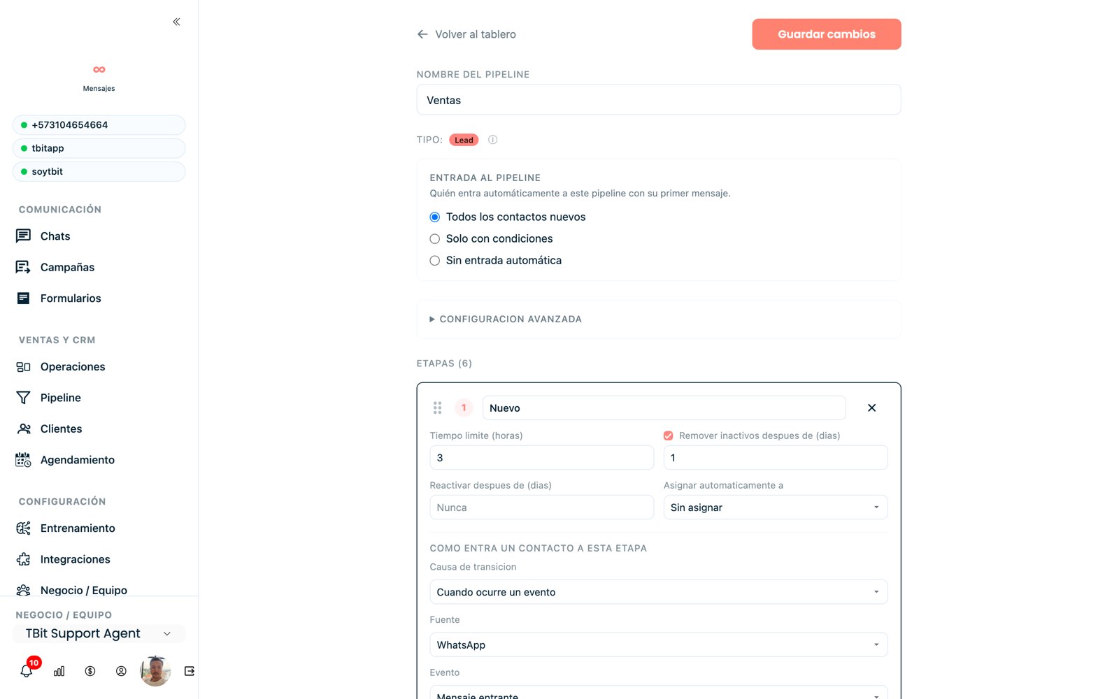 El editor del pipeline: tipo de embudo, entrada automática y configuración de cada etapa con sus disparadores.