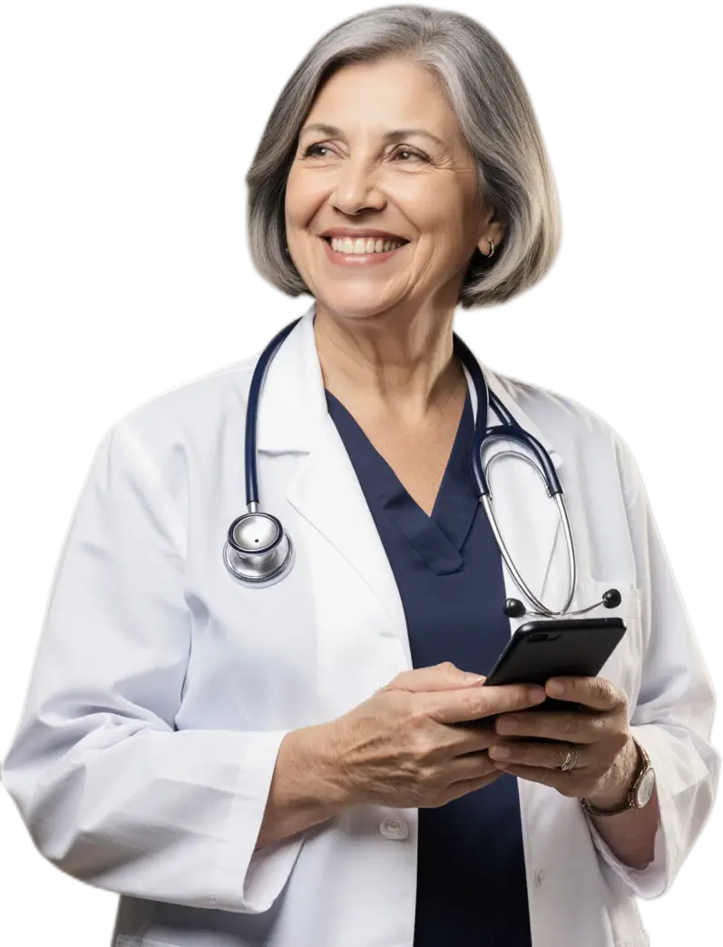 A doctor at her practice smiles as she checks her calendar on her phone