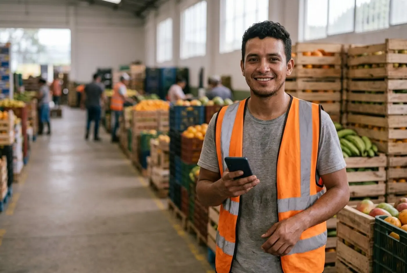Trabajador con su celular en una bodega de alimentos