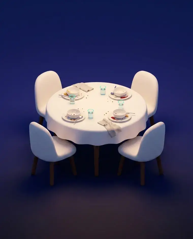 La misma mesa, ya ocupada, a media cena
