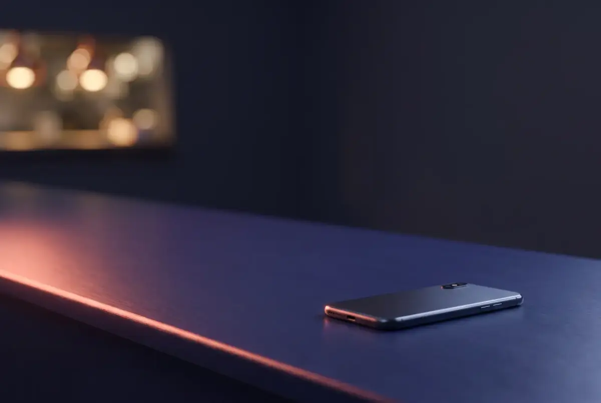 Mesón de pase de un restaurante de noche, con un celular boca abajo sobre la madera
