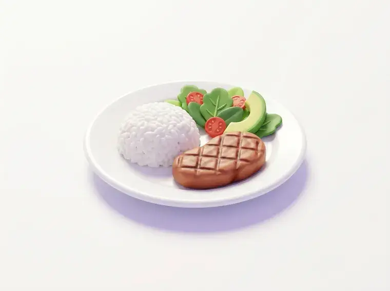 Plato de la carta: arroz, carne asada y ensalada, en ilustración 3D