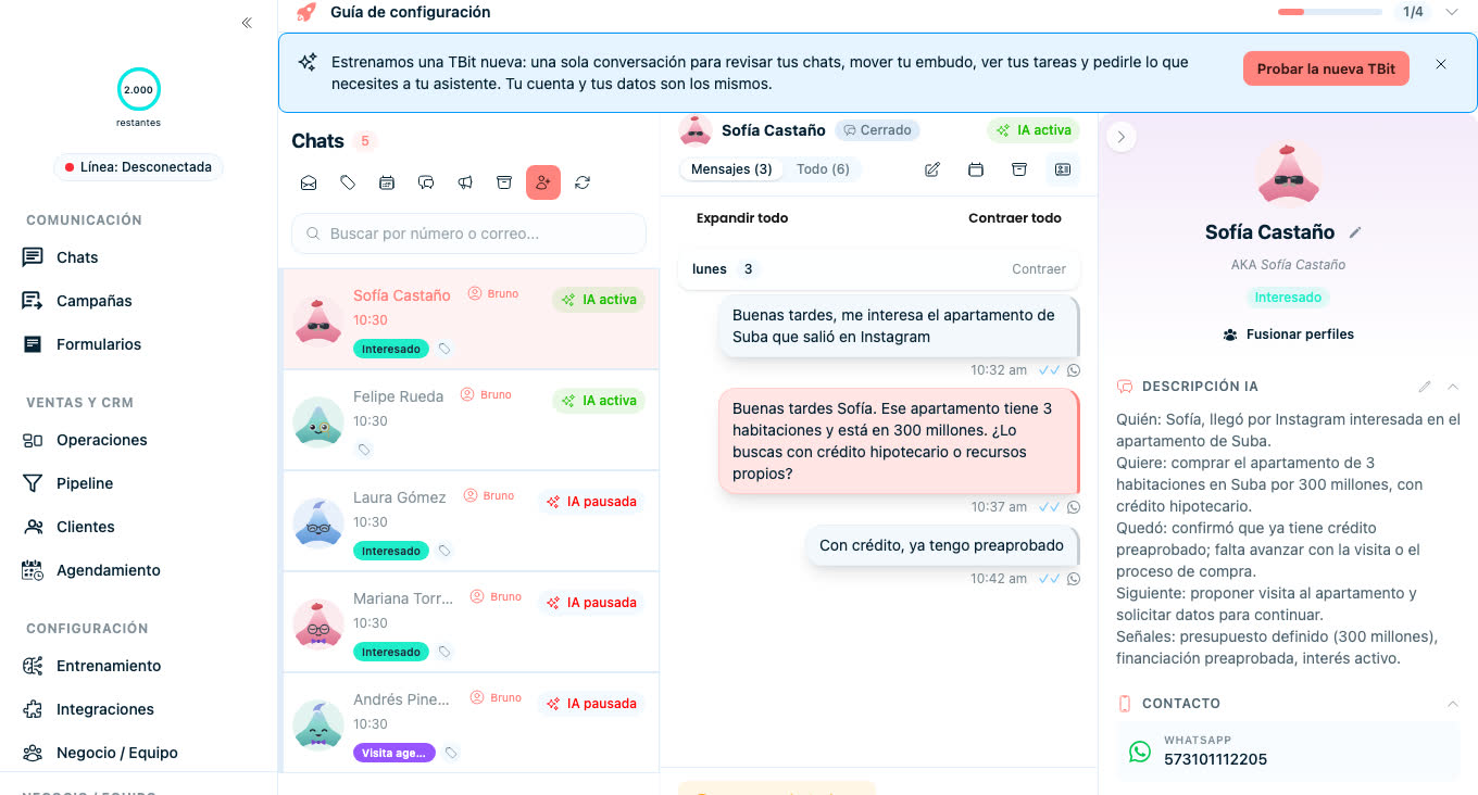 Bruno's inbox with five chats, each one tagged with his name as the owner.